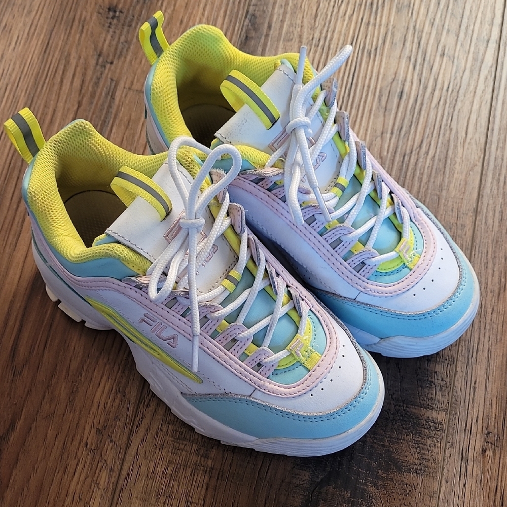 Fila Sneakers, Size 2.5, White, Blue, Pink, & Neon Yellow, Retro
